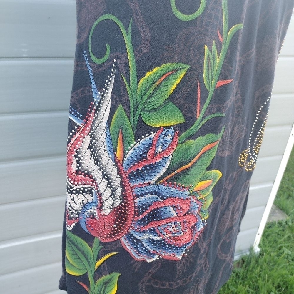 Christian Audigier Y2K Womens Black Rhinestone Roses Tank Top Blouse M - Picture 2 of 11